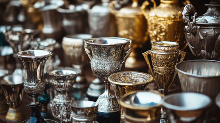 A stunning array of vintage metallic trophies and vases showcasing intricate designs and textures, perfect for adding a touch of elegance to any space.の素材