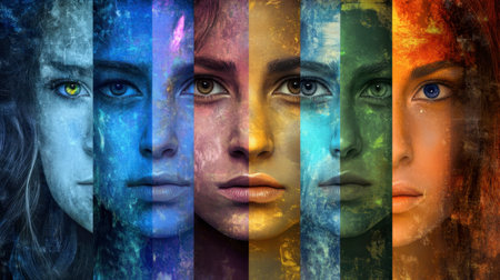 A striking visual of multiple faces displayed in vivid colors, exploring emotions and styles. This art piece embodies creativity and transformation, ideal for various projects.の素材