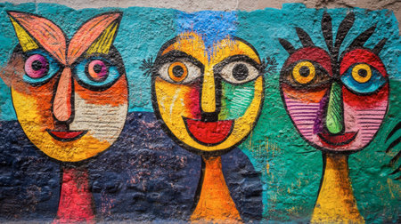 This vibrant mural features three abstract faces with playful expressions. The colorful design invites emotion and creativity, perfect for art enthusiasts.の素材