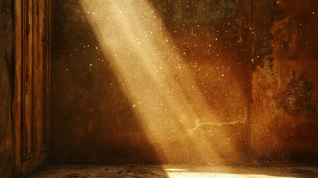 A serene scene featuring dusty sunbeams illuminating a dimly lit room. The warm light creates a peaceful atmosphere, enhancing the beauty of simplicity.の素材