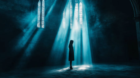 A silhouette of a woman stands in a dark space, illuminated by ethereal beams of light filtering through stained glass windows, evoking a sense of peace and mystery.の素材