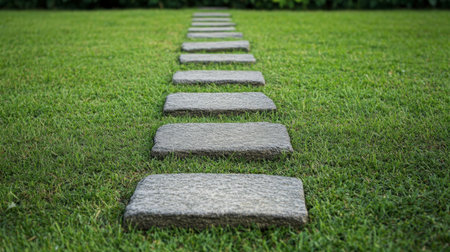 A clean stone pathway leads through lush green grass, creating a tranquil and inviting outdoor space. Ideal for landscaping and garden designs.の素材