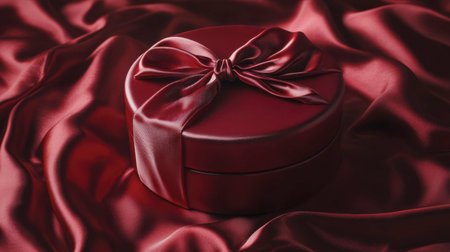 A stunning red gift box with a glossy ribbon sits elegantly on smooth satin fabric, perfect for various celebrations, adding a touch of luxury.の素材