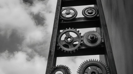 A striking black and white image of mechanical gears mounted against a cloudy sky, showcasing industrial design elements and vintage machinery aesthetics.の素材