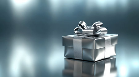 A shiny silver gift box elegantly wrapped with a ribbon sits on a reflective surface, creating a festive and luxurious atmosphere perfect for celebrations.の素材