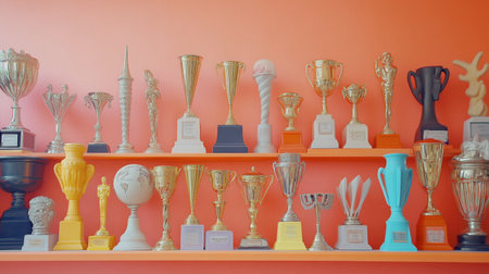 A vibrant display of various trophies arranged on a shelf, showcasing achievements and awards in a beautifully colorful setting perfect for celebration themes.の素材