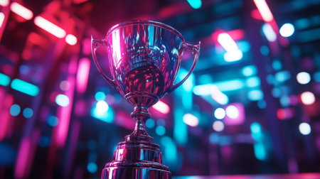 A gleaming trophy rests on a vivid, illuminated backdrop, symbolizing victory and achievement. Perfect for themes of success and celebration.の素材