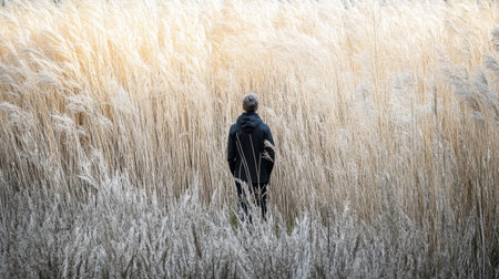 A solitary figure stands amidst tall grass, surrounded by nature's beauty. The scene captures a moment of tranquility and introspection in a serene outdoor setting.の素材