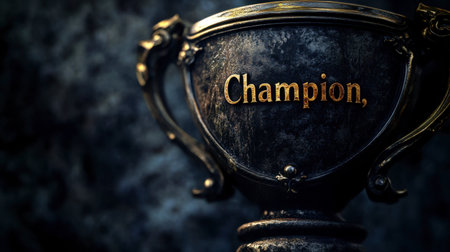 Close-up of a vintage trophy featuring the word "Champion" in elegant gold lettering, set against a dark, textured background, symbolizing achievement and success.の素材