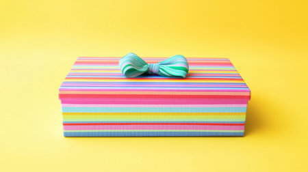 A vibrant striped gift box adorned with a stylish bow, set against a cheerful yellow backdrop. Perfect for celebrations, birthdays, or any special occasion.の素材