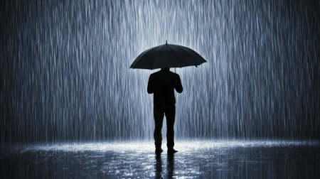 A solitary figure stands under an umbrella in a heavy rainstorm at night, creating a dramatic silhouette against the backdrop of falling droplets.の素材
