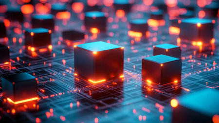 Explore a captivating digital landscape featuring luminous cubes set against a grid of intricate circuitry, evoking themes of technology and innovation.の素材