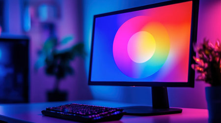 A vibrant monitor displays colorful patterns in a modern workspace, complemented by a sleek keyboard and ambient lighting, ideal for technology-related projects.の素材