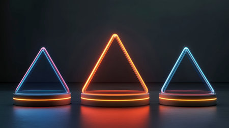 A captivating image featuring three neon triangular shapes with glowing lights set against a dark background, perfect for modern design and creative projects.の素材