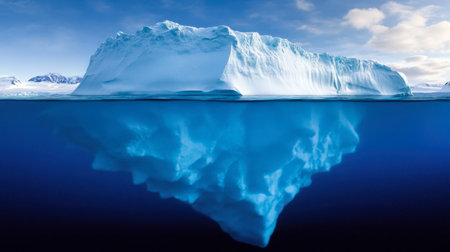A breathtaking iceberg showcases its striking reflection in the calm water below, capturing the pristine beauty of nature in a remote landscape.の素材