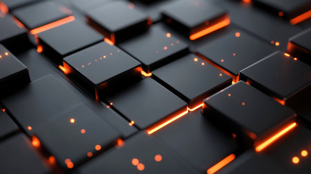 A close-up view of glowing black tiles featuring vibrant orange highlights, creating a modern and abstract background perfect for technology-themed designs.の素材