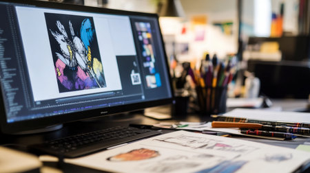 A vibrant creative workspace featuring a computer screen displaying digital art, surrounded by various artistic tools and supplies, perfect for inspiration.の素材