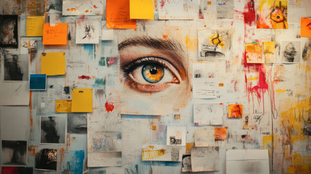 A captivating artwork featuring a close-up of an eye surrounded by vibrant notes and sketches, showcasing creativity and artistic expression on a textured wall.の素材