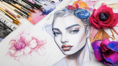 A captivating artistic portrait featuring a stylized face surrounded by vibrant flowers and art supplies, showcasing creativity and artistic expression.の素材