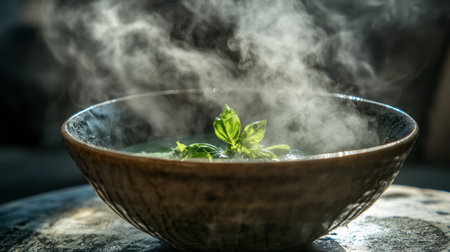 A steaming bowl of fresh soup garnished with herbs, creating an inviting and warm atmosphere. Ideal for food photography or culinary presentations.の素材