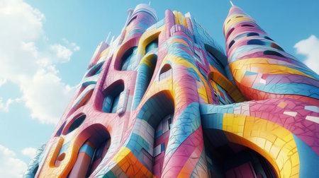 A vibrant and imaginative building showcasing colorful patterns and unique design elements. This modern architectural marvel stands out against a clear blue sky.の素材