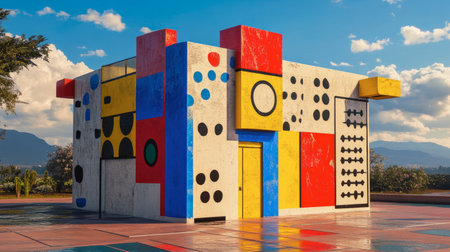 A vibrant architectural structure featuring bold geometric shapes and colors set against a picturesque landscape with clouds and natural elements.の素材