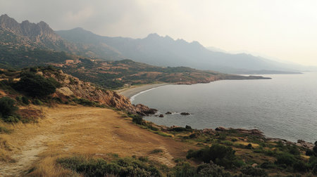 A breathtaking coastal view featuring serene waters, rugged mountains, and a peaceful shoreline, perfect for travelers seeking natural beauty and tranquility.の素材