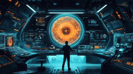 A silhouetted figure in a futuristic control room examines a vibrant data display. Immersive technology and design create a captivating environment for innovation.の素材