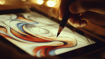A close-up of a hand using a pen to create colorful abstract art on a tablet screen, showcasing creativity and technology in a warm, illuminated workspace.の素材