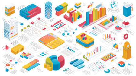 Vibrant infographic elements ideal for presentations, showcasing various graphs, charts, and data visualizations to enhance comprehension and engagement.の素材