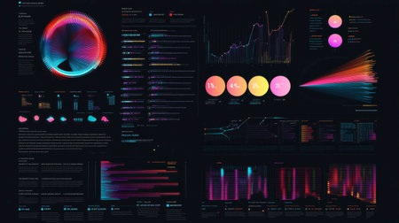 Explore a captivating data visualization featuring vibrant colors and intricate designs, showcasing analytics, charts, and trends against a dark backdrop.の素材