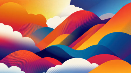 A vibrant abstract landscape featuring colorful waves and soft clouds, perfect for creative projects and brightening up any space with its energetic design.の素材