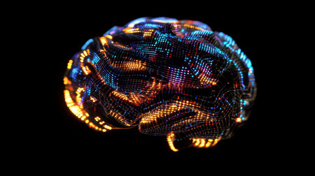 Vibrant abstract visualization of a human brain, showcasing colorful lights and intricate patterns. Perfect for themes of technology, intelligence, and creativity.の素材