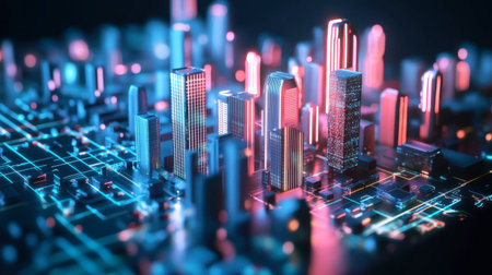 Explore a vibrant futuristic cityscape featuring illuminated buildings and advanced technology. The energetic atmosphere combines innovation with modern design elements, creating a visually striking urban scene.の素材