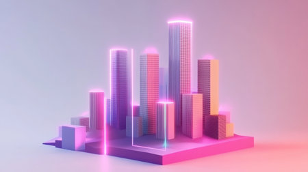 A vibrant futuristic cityscape featuring glowing skyscrapers and neon lights. The colorful design creates a captivating abstract urban environment for visual storytelling.の素材