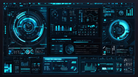 Explore a sleek, futuristic data analysis dashboard featuring vibrant blue graphics and intricate details designed for high-tech environments.の素材