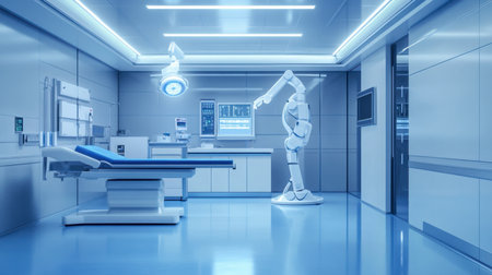 A sleek and advanced surgical robot stands ready in a modern operating room. Featuring high-tech equipment, this space emphasizes innovation in healthcare.の素材