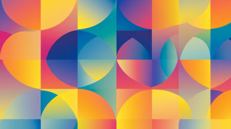 A vibrant abstract geometric pattern featuring a blend of colors and shapes. This digital artwork showcases a modern design with smooth transitions and playful elements, perfect for backgrounds, wallpapers, and creative projects.の素材