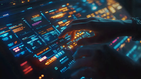 A close-up view of a hand interacting with a futuristic touchscreen interface, displaying vibrant digital elements and intricate data. Ideal for technology themes.の素材