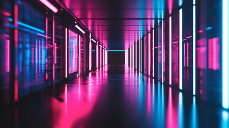 This image showcases a vibrant neon corridor filled with dynamic lighting effects. The interplay of colors creates a futuristic and striking atmosphere.の素材