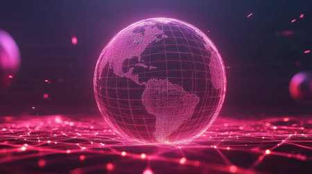 A stunning digital globe glowing in pink light depicts a global network. This abstract representation symbolizes technology and connectivity across the world.の素材