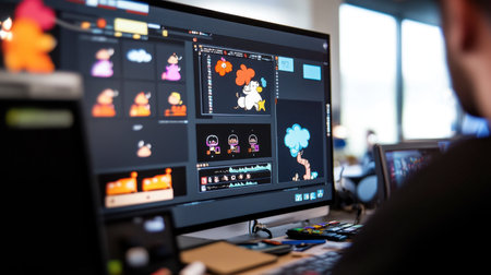 A vibrant workspace showcasing animation software on a computer screen, featuring colorful characters and an artistic design process in action.の素材