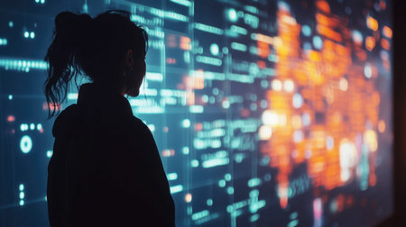 A silhouette of a person standing before a vibrant digital data display. The image conveys a blend of technology and abstract information, emphasizing innovation and modern communication.の素材