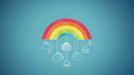 A colorful rainbow arching over whimsical cloud illustrations on a serene blue background, symbolizing hope, joy, and creativity in a playful style.の素材