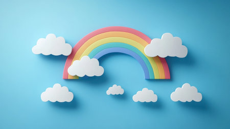 This vibrant paper cut design features a colorful rainbow interspersed with fluffy clouds, set against a serene blue background, ideal for uplifting projects.の素材