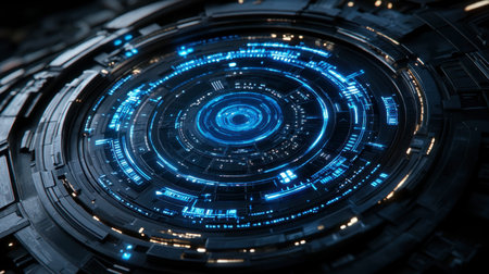 A futuristic circular interface featuring a vibrant blue glow, showcasing intricate patterns and high-tech elements. Perfect for digital and tech themes.の素材