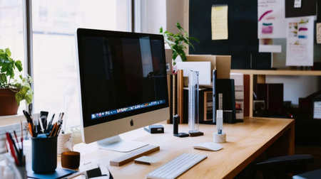 A stylish and modern workspace featuring a computer, stationery, and plants. Ideal for showcasing productivity, creativity, and contemporary office design.の素材