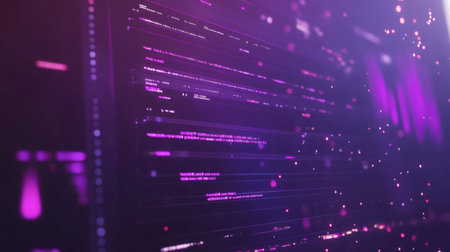 Vibrant abstract digital background featuring purple and pink lights with dynamic patterns. Ideal for technology, data, and futuristic themes.の素材