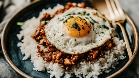 A vibrant rice bowl topped with a perfectly fried egg and seasoned minced meat, showcasing rich textures and flavors in a cozy setting.の素材