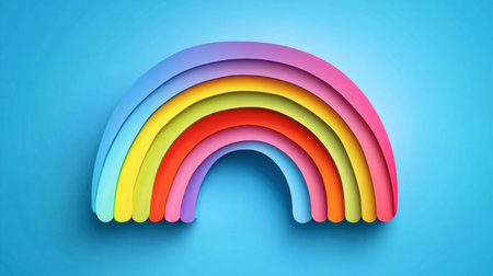 This image features a colorful paper rainbow layered on a blue background, creating a cheerful and vibrant aesthetic perfect for art and design projects.の素材
